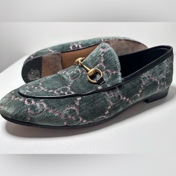 GUCCI Authentic GG Velvet Embossed Slip On Horsebit Loafers Size 39 Green Pink - Picture 13 of 15